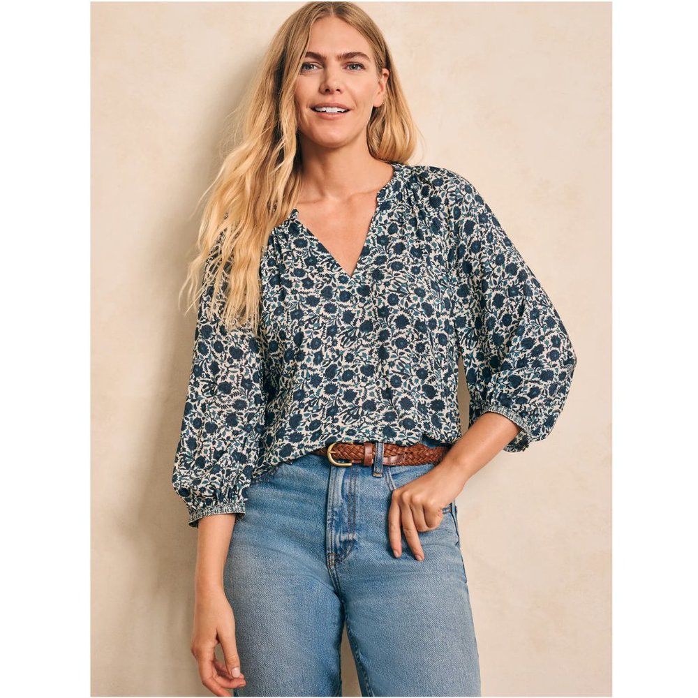 Faherty Portia Top, Navy Folly Floral, Size L, NWT